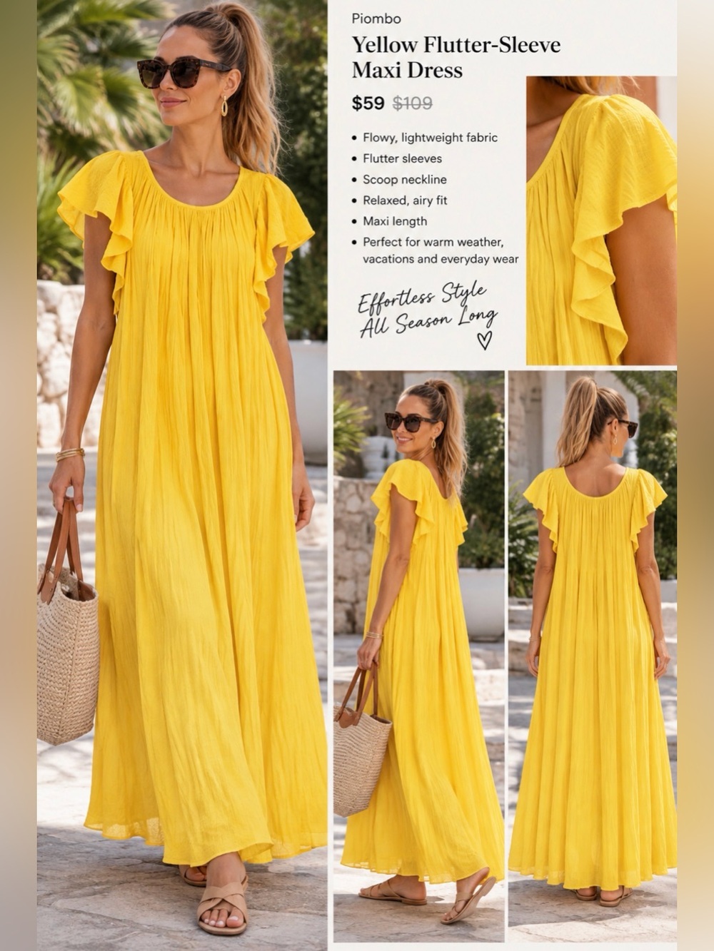 Piombo Yellow Flutter-Sleeve Maxi Dress